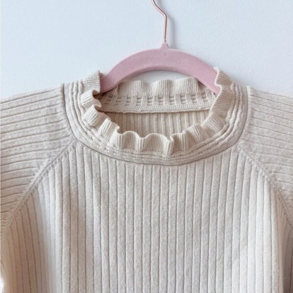 Cream Ribbed Sweater with Ruffle Details - Picture 2 of 3